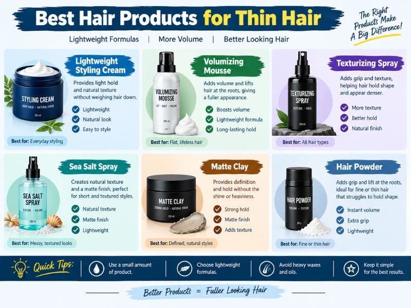 “Informative hair product guide for men with thin hair featuring lightweight styling cream, volumizing mousse, texturizing spray, sea salt spray, matte clay, and volumizing hair powder.”