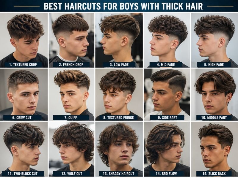 Best haircuts for boys with thick hair including textured crop, French crop, fade, and modern layered hairstyles for a clean and stylish appearance.