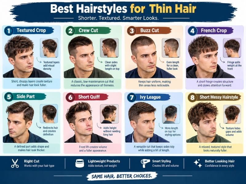 “Eight suitable hairstyles for men with thin hair, including textured crop, crew cut, buzz cut, French crop, side part, short quiff, Ivy League, and short messy hairstyle.”