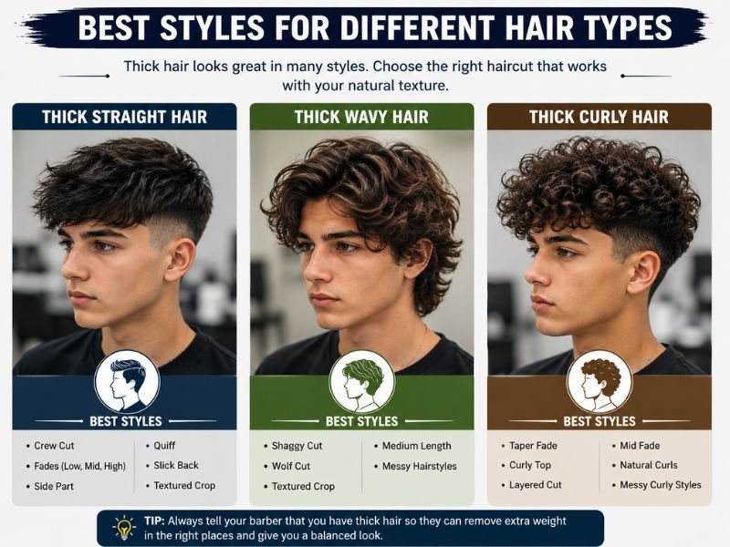 Thick straight, wavy, and curly hairstyles for boys showing different haircut options that work with each natural hair texture and provide balanced volume.