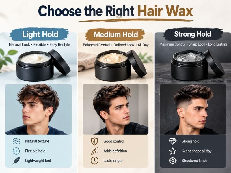 “light medium and strong hold hair wax options for men’s hairstyles”