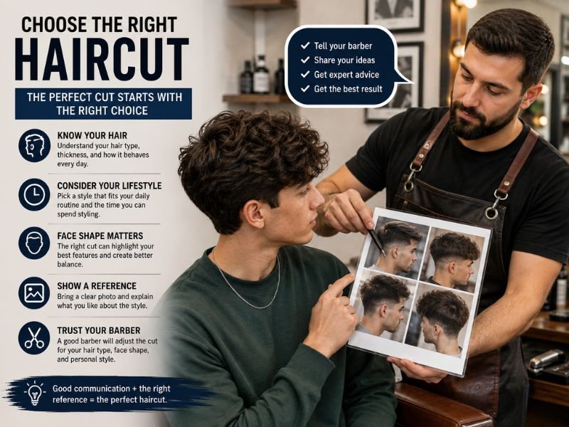 Boy showing a barber a hairstyle reference photo for thick hair