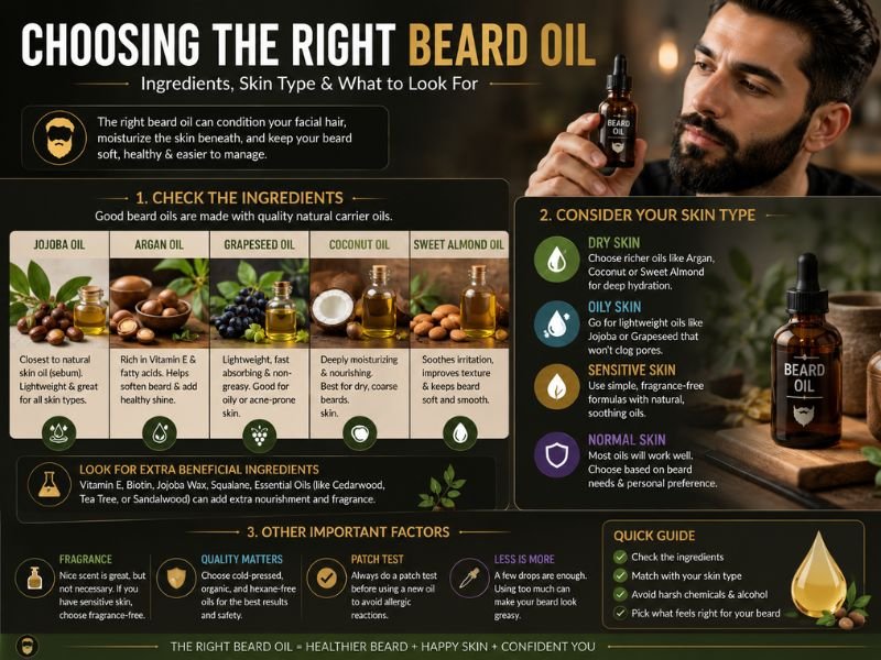 Beard oil selection guide showing common carrier oils including jojoba, argan, grapeseed, coconut, and sweet almond oil and considerations for different skin types
