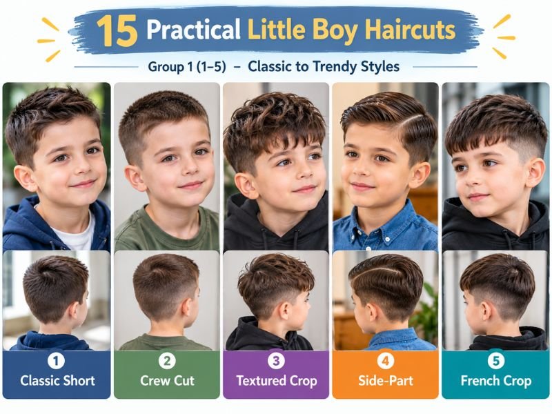 classic short crew cut textured crop side part and French crop little boy haircuts