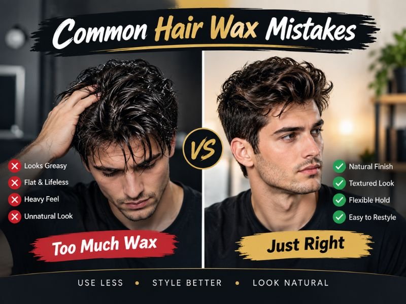 “too much hair wax compared with the right amount for a natural men’s hairstyle”