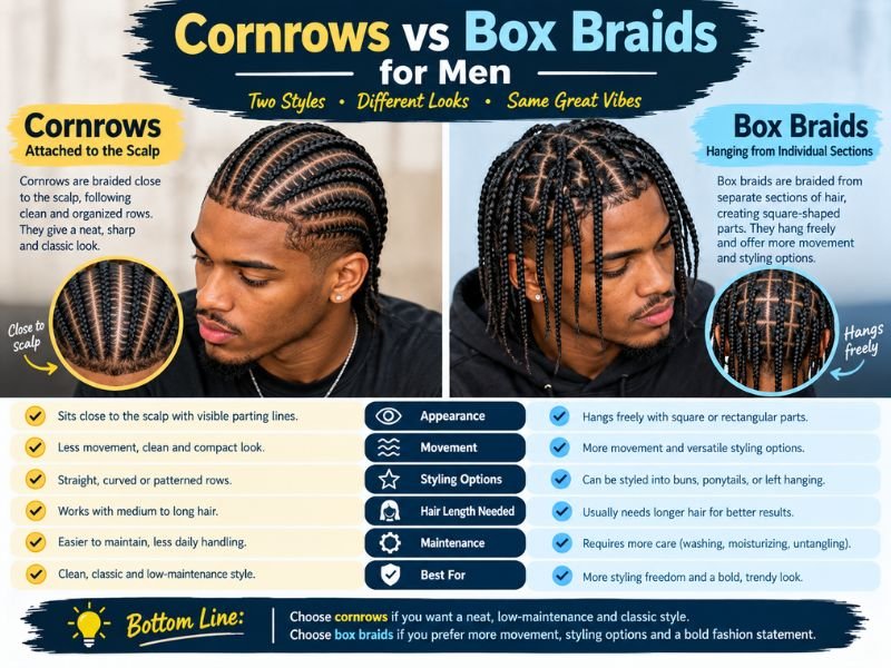 Cornrows vs box braids for men showing differences in braid structure, appearance, and styling options.