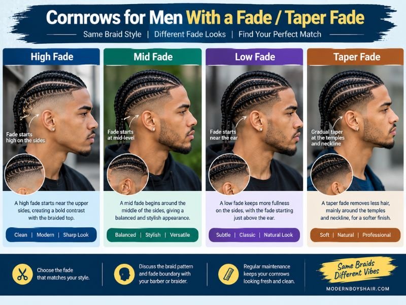 Men's cornrows with fade and taper fade hairstyle comparison