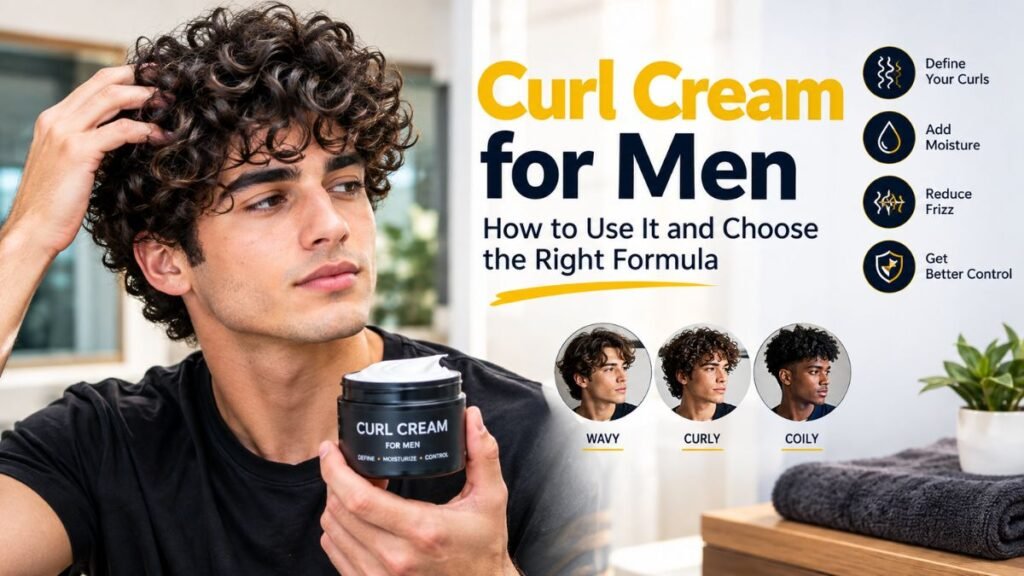 Man using curl cream to define natural curly hair