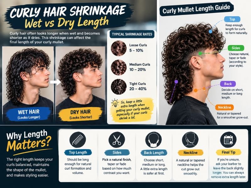 Curly hair shrinkage showing wet and dry mullet length
