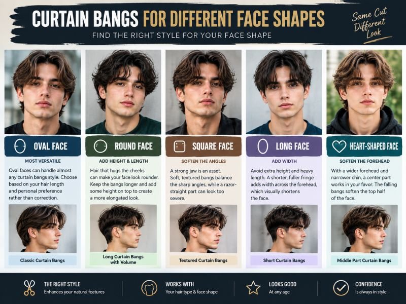 Curtain bangs for men with different face shapes