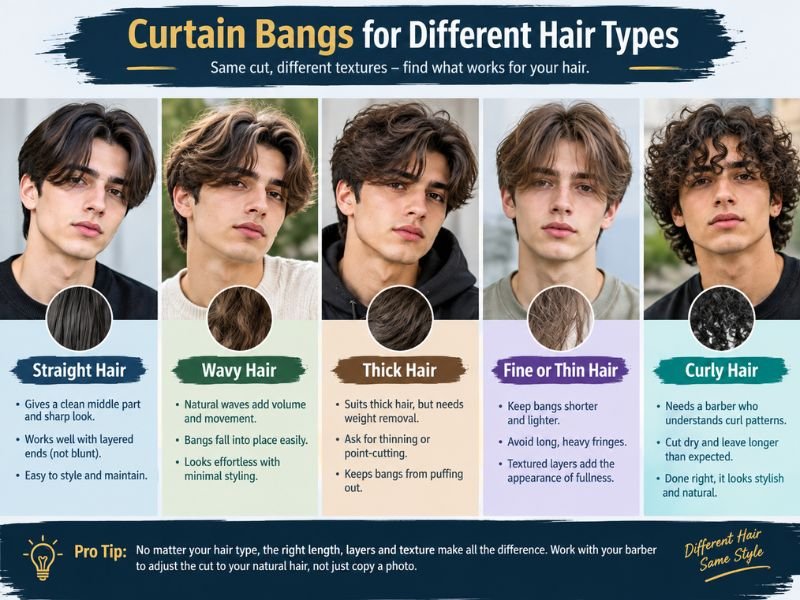 Curtain bangs for men with straight wavy thick fine and curly hair