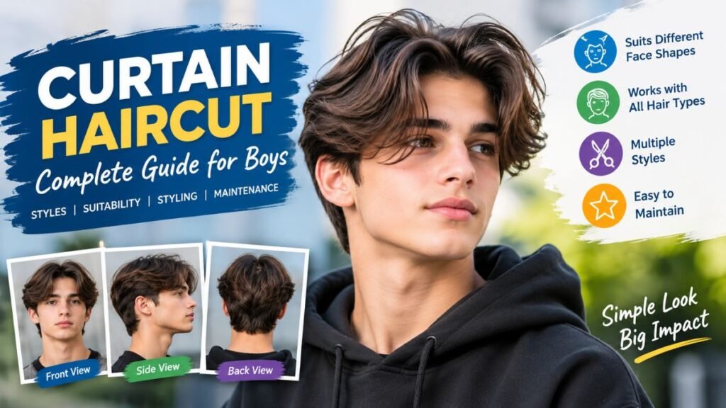 Modern curtain haircut for boys with a natural middle part and longer front sections falling softly on both sides of the forehead
