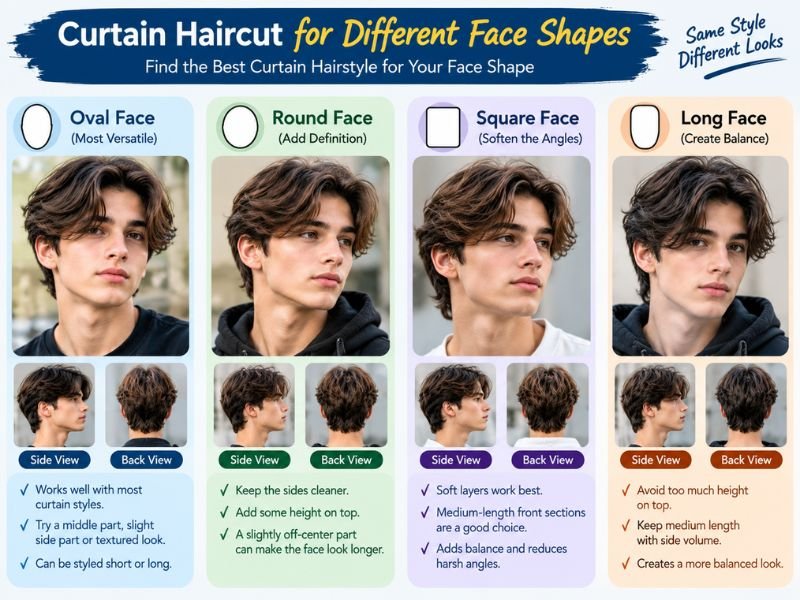 Curtain haircut guide showing suitable hairstyle variations for oval, round, square, and long face shapes
