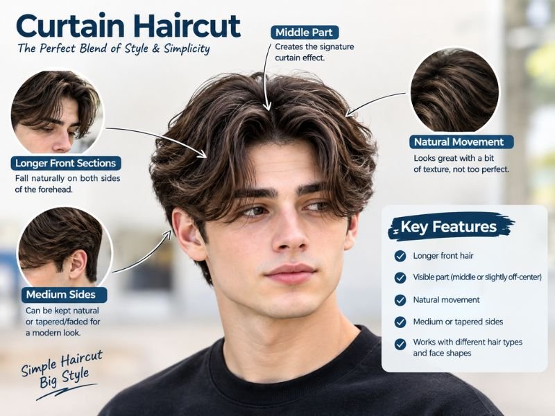 Modern curtain haircut for boys with a natural middle part and longer front sections falling softly on both sides of the forehead