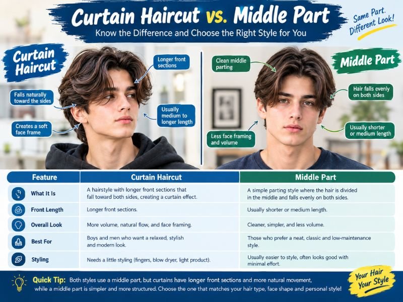 Comparison between a middle part hairstyle and curtain haircut showing differences in front length, shape, and natural face framing