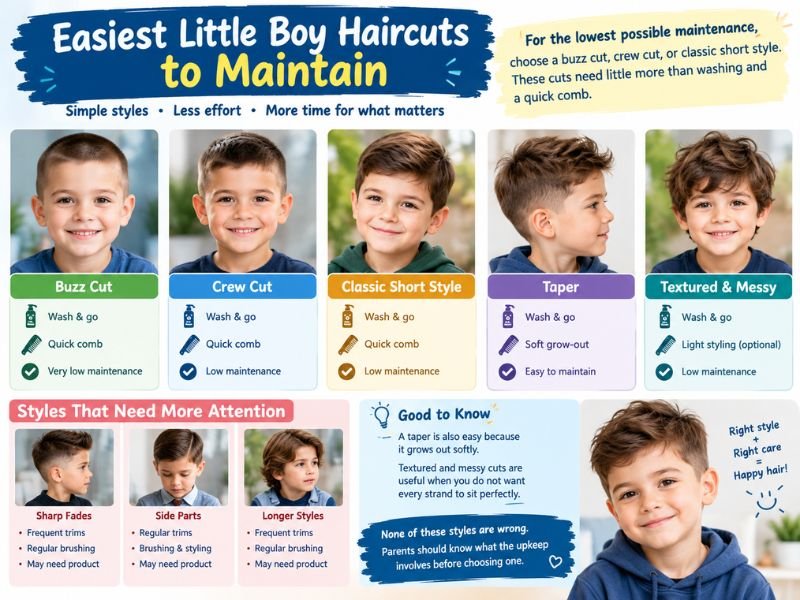 Easiest little boy haircuts to maintain, including buzz cuts, crew cuts, classic short styles, tapers, and textured haircuts, with simple grooming tips for parents.