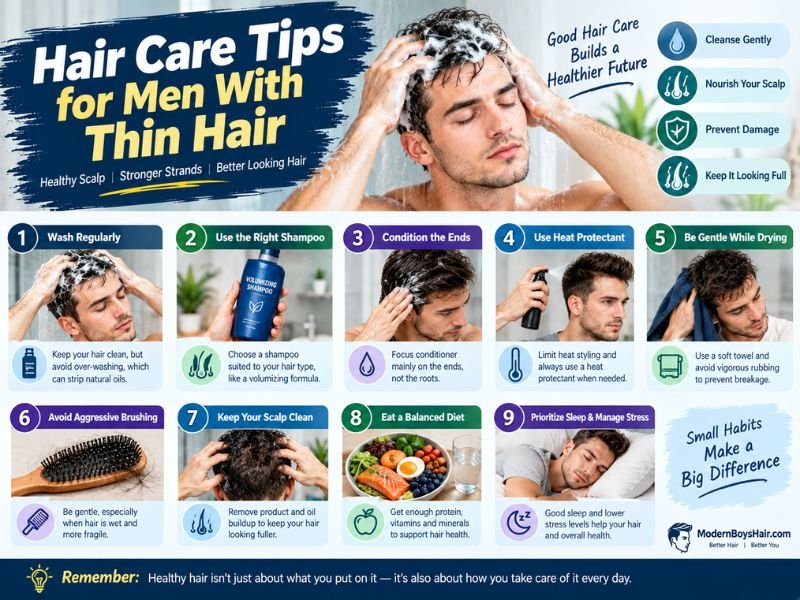Hair care tips for men with thin hair showing gentle washing, scalp care, and proper towel drying techniques.
