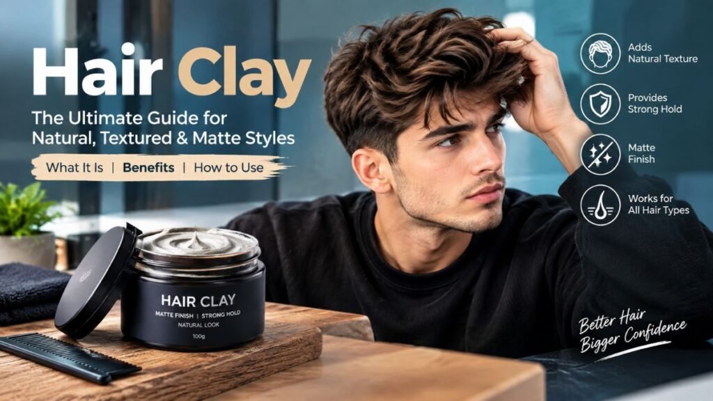 Hair clay for men with matte textured hairstyle and grooming product