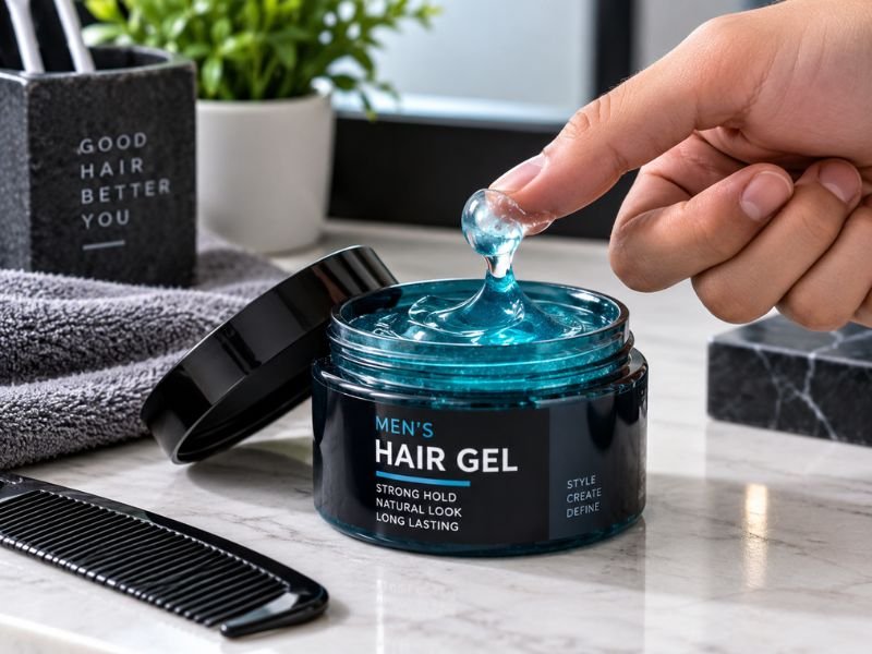 hair gel styling product with a small amount on fingertips
