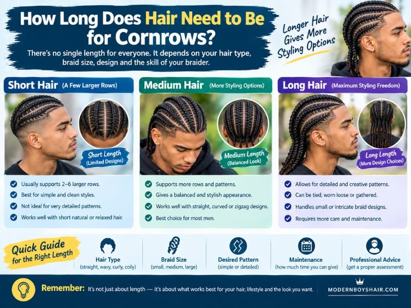 Hair length needed for cornrows for men with short medium and long hair