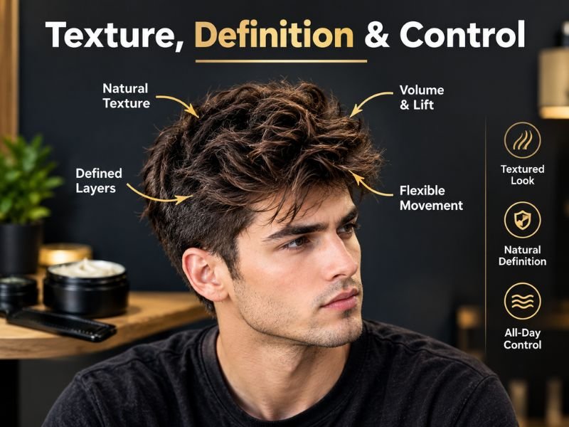 “textured men’s hairstyle showing definition and natural hair movement with wax”