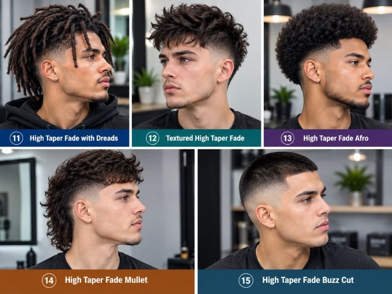 High Taper Fade styles featuring dreads, textured top, afro, mullet, and buzz cut, displayed in a realistic five-panel men’s hairstyle collage with modern barbershop styling.