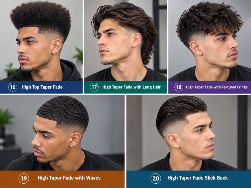 Five High Taper Fade hairstyles for men, including high top taper fade, long hair, textured fringe, waves, and slick back, displayed in a realistic five-panel hairstyle collage with professional barber photography.