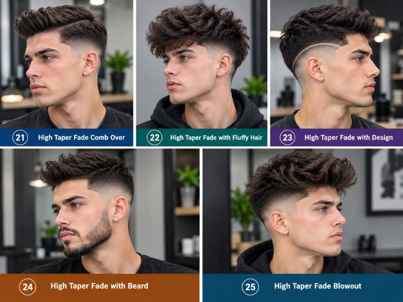 Five High Taper Fade hairstyles for men including comb over, fluffy hair, shaved design, beard, and blowout, shown in a realistic five-panel professional barbershop collage.
