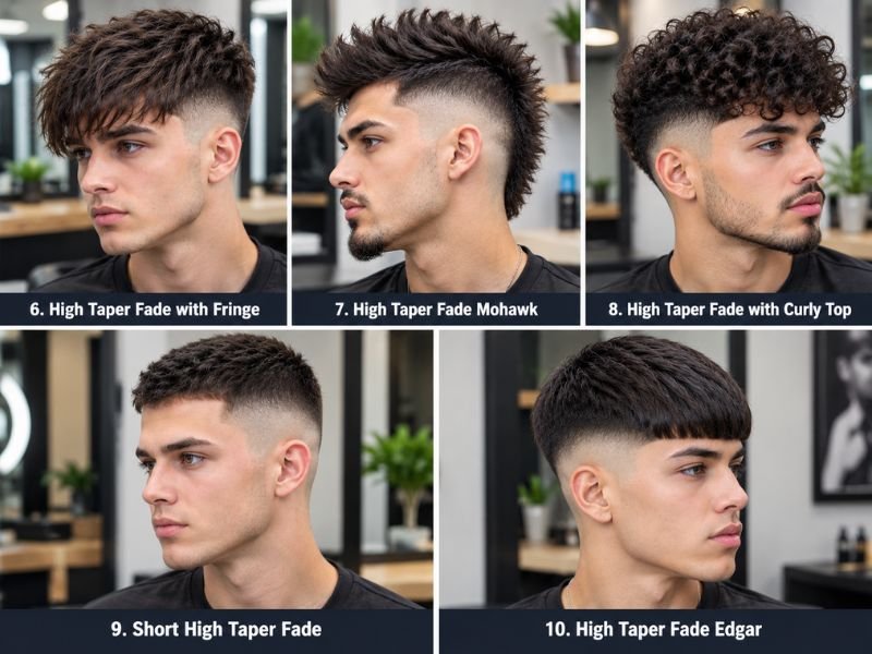 Five High Taper Fade styles for men including fringe, mohawk, curly top, short taper fade, and Edgar haircut, shown in a realistic five-panel barbershop collage.