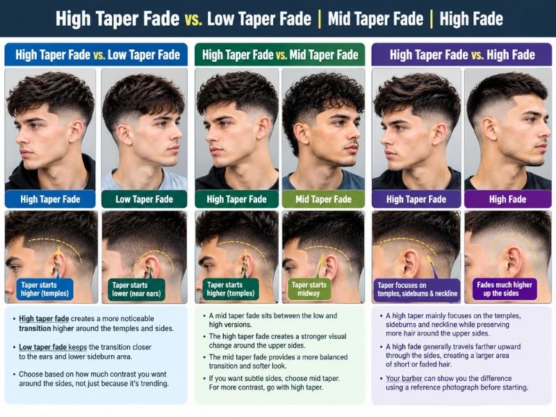High Taper Fade comparison with Low Taper Fade, Mid Taper Fade, and High Fade, showing differences in taper placement, side contrast, and fade height in a detailed hairstyle infographic.