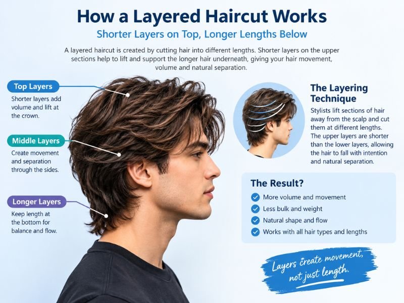 Diagram showing how shorter upper layers create movement over longer hair