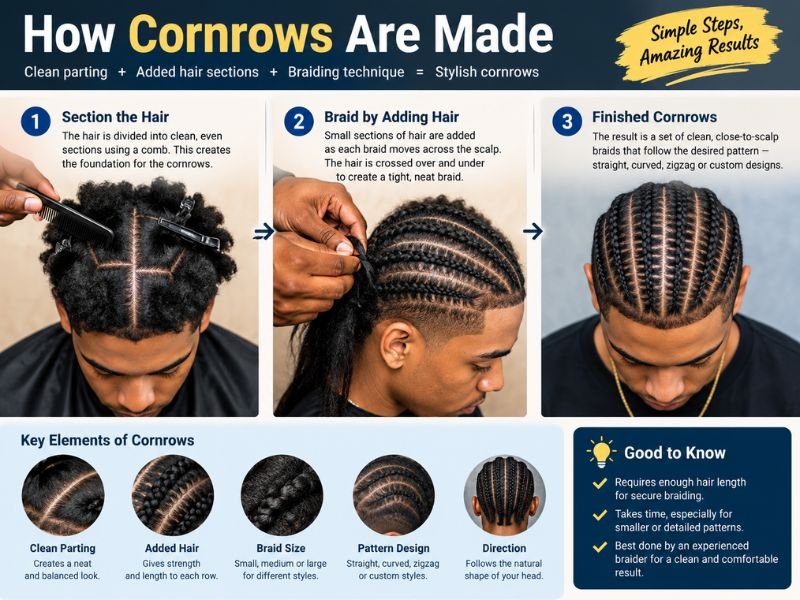 Educational illustration explaining how cornrows are braided close to the scalp by adding small hair sections along each row. The visual highlights clean parting, weaving technique, and the finished braid structure for men.