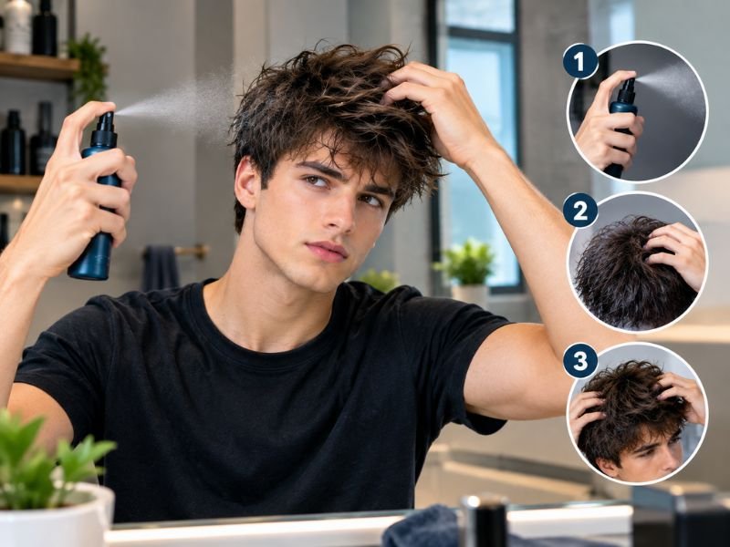 man applying sea salt spray to damp hair