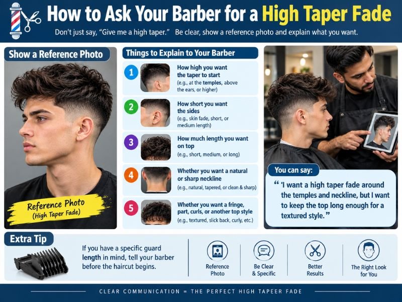 How to ask a barber for a High Taper Fade using a reference photo, taper height, side length, top length, neckline, and styling preferences.