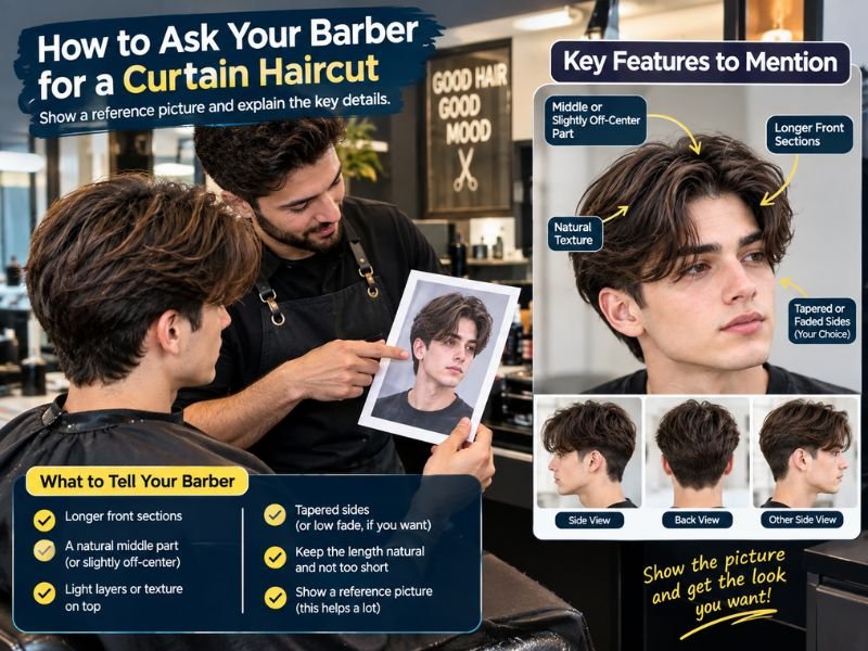 Barber consultation for a Curtain Haircut with longer front and tapered sides