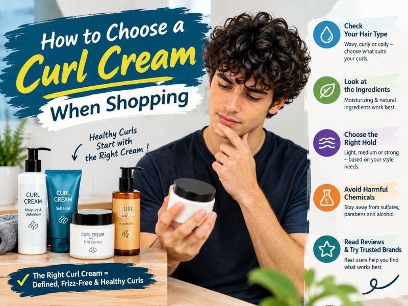 How to choose a curl cream when shopping based on hair type, ingredients, hold, and curl care needs.