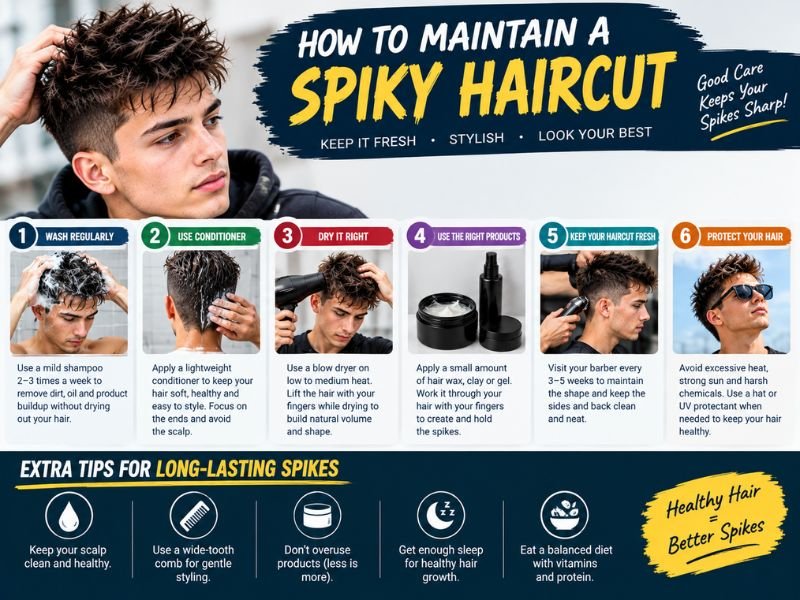 How to maintain a spiky haircut with proper washing, drying, styling, trimming, and hair care tips.