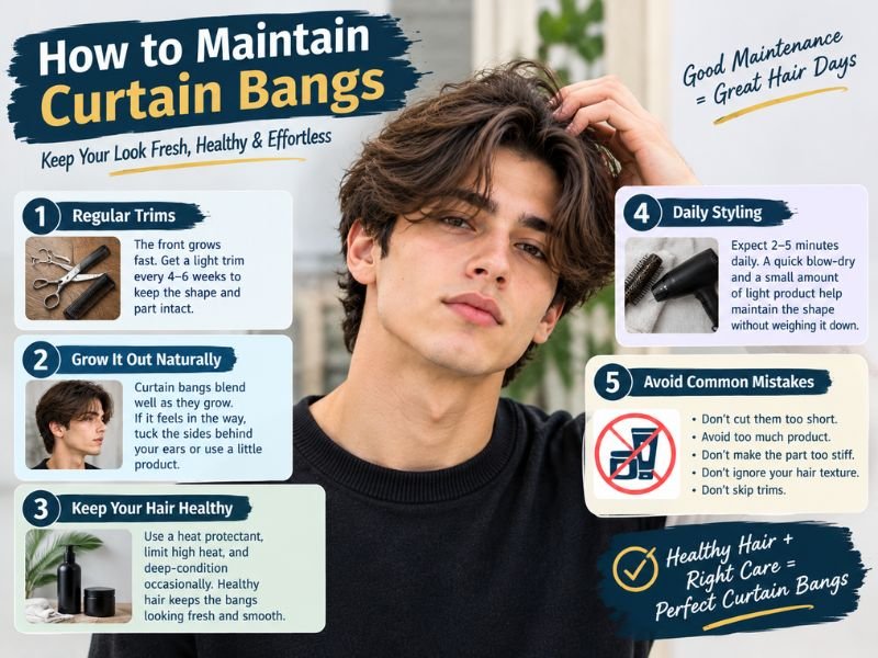 How to maintain curtain bangs with regular trims healthy hair and daily styling