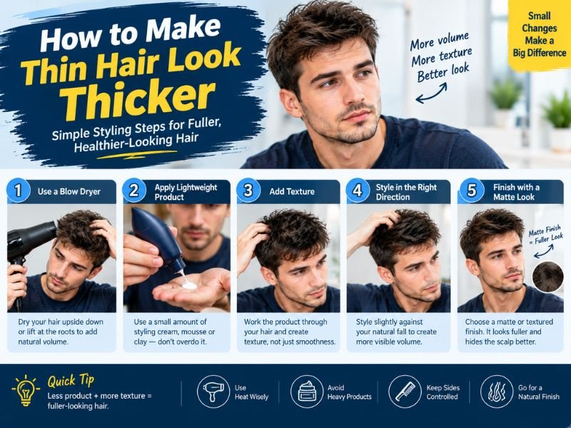 Step-by-step styling techniques for making thin hair look thicker using root lift, blow drying, and hair texture.