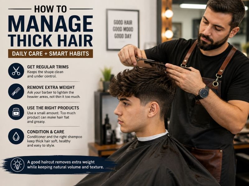 Barber removing excess weight from thick hair to make it easier to manage