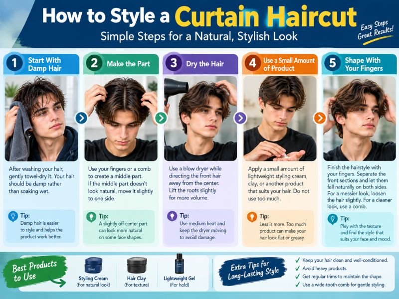 Step-by-step guide showing how to style a curtain haircut from damp hair and middle parting to blow drying and final finger styling