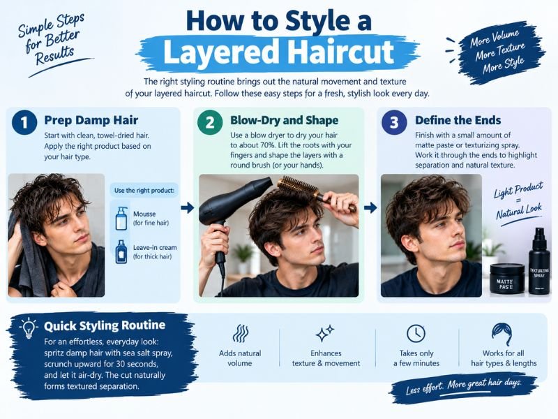 Three-step guide for styling layered hair with volume and texture