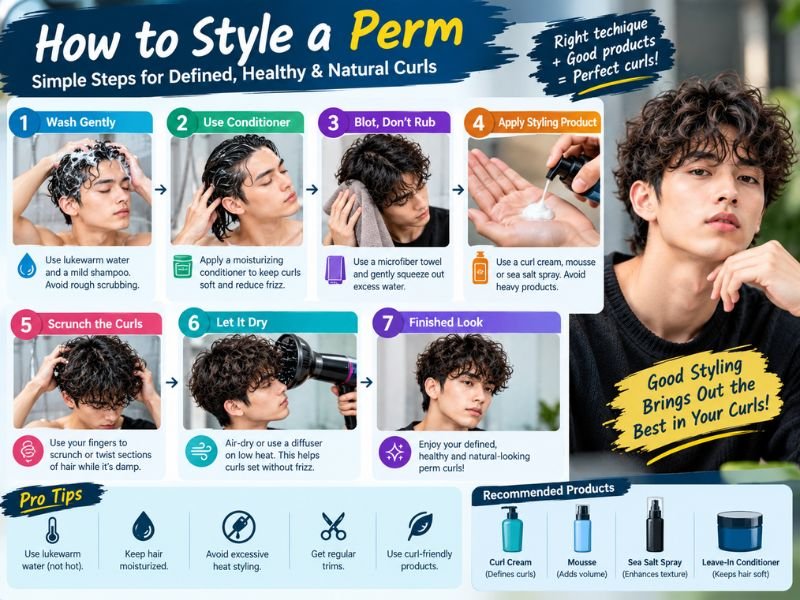 How to style permed hair showing washing, conditioning, curl product, scrunching, drying, and finished defined curls