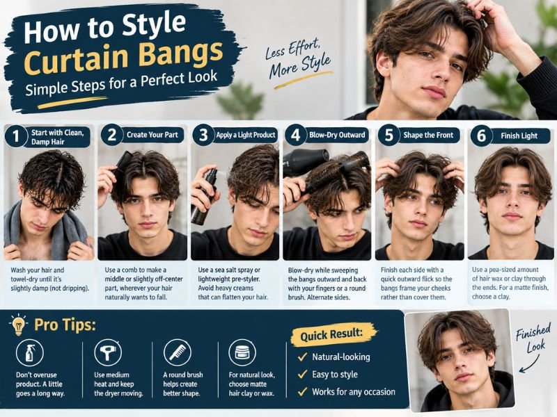 How to style curtain bangs for men with middle part and outward blow drying