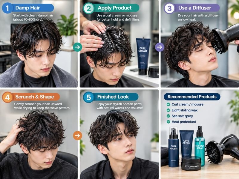 How to style a Korean perm at home with curl cream and diffuser