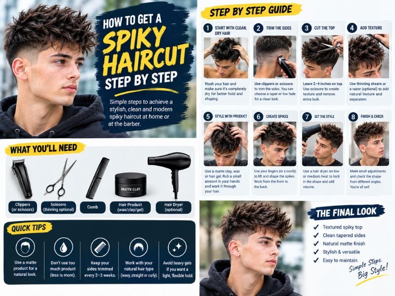 How to style spiky hair using a hair dryer, fingertips, and matte styling clay, showing upward root lift, product application, separated hair sections, and natural textured spikes
