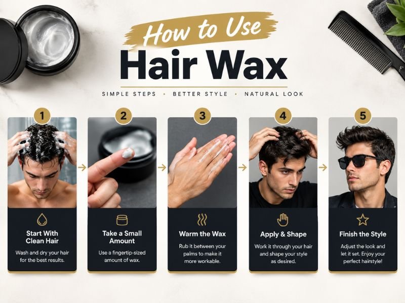“five step guide showing how to apply hair wax and style men’s hair”