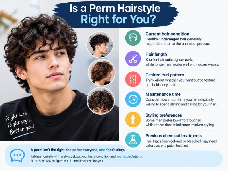 Is a Perm Hairstyle Right for You? An informative guide showing hair condition, length, curl pattern, maintenance, styling preferences, and chemical treatments to consider before getting a men's perm.