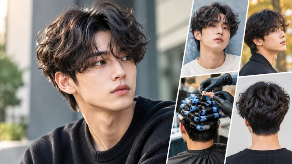 “Modern Korean perm hairstyle for men with soft natural waves, textured medium-length hair, volume, movement, and a clean Korean-inspired haircut”
