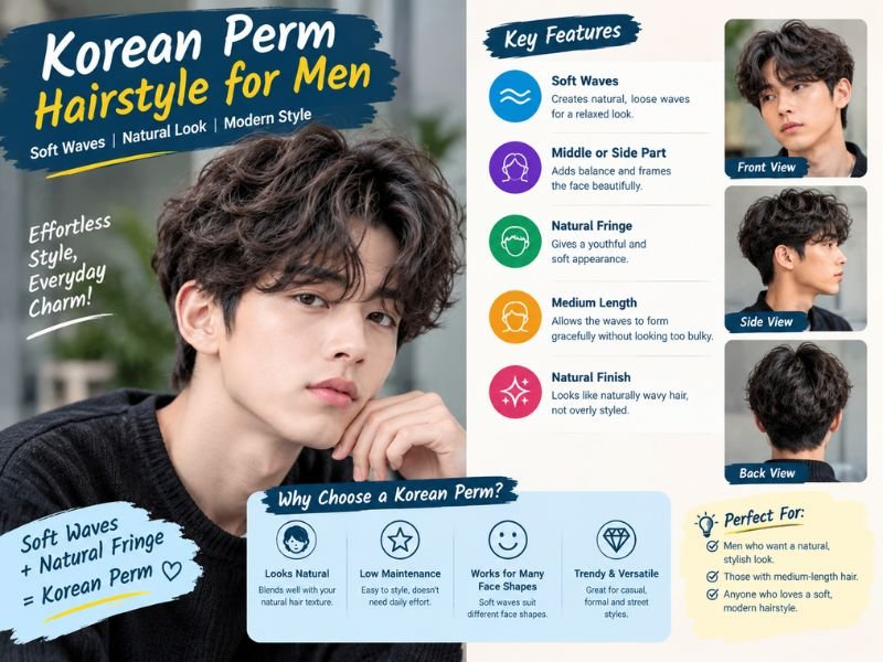 Korean perm hairstyle for men with soft waves, middle part, natural fringe, and medium-length textured hair